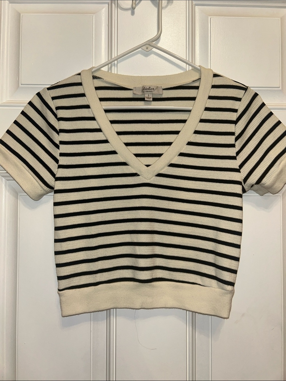 Atelier by Kirious Striped V-Neck Short Sleeve Ribbed Crop Top